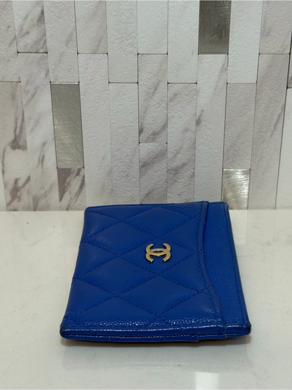 💙*RARE* CHANEL Caviar Quilted Card Holder Wallet in Cobalt Blue - Picture 10 of 15